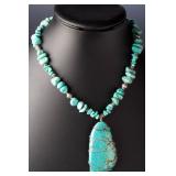 Native American Turquoise Nugget Necklace, Large Wire-Wrapped Pendant