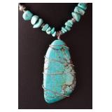 Native American Turquoise Nugget Necklace, Large Wire-Wrapped Pendant
