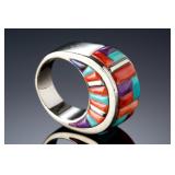 Native American Sterling Silver Multistone 3-Sided Inlay Ring Sz 7.75