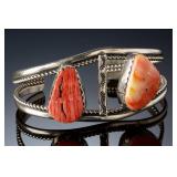 Native American Sterling Silver Spiny Oyster Cuff Bracelet Signed T