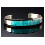 Native American Turquoise Channel Inlay Sterling Silver Cuff Bracelet, Signed M