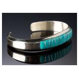 Native American Turquoise Channel Inlay Sterling Silver Cuff Bracelet, Signed M