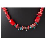 Bella Linda Red Coral Turquoise Sterling Silver Necklace 24" 79.69g