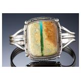 Native American Sterling Silver Royston Ribbon Turquoise Cuff - Signed B