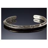 Signed AP 02 Native American Sterling Silver Hand Stamped Cuff Bracelet