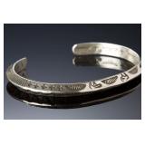 Signed AP 02 Native American Sterling Silver Hand Stamped Cuff Bracelet
