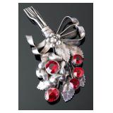 Vintage Hobe Sterling Silver Floral Bouquet Brooch Pin, Red Rhinestones
