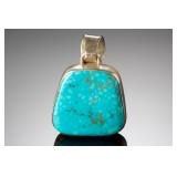 Large Vintage Turquoise Cabochon Sterling Silver Pendant Southwestern Style