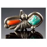 Navajo Native American Sterling Silver Turquoise Coral Ring SZ 5.25