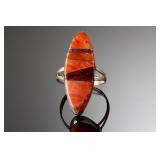 Native American Sterling Silver Spiny Oyster Inlay Ring - Signed G, Sz 7