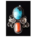 Signed Native American Navajo Sterling Turquoise Coral Leaf Floral Pendant