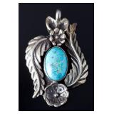 Navajo Turquoise Sterling Silver Leaf Floral Pendant Signed ST Native American