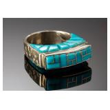 Native American Turquoise Inlay Sterling Silver Ring Sz 7.5 M H Signed