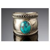 Southwestern Sterling Silver Turquoise Wide Band Ring, Size 8.5, Marked 925