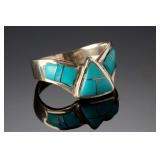 Native American Sterling Silver Turquoise Channel Inlay Ring Sz 9 Signed LD