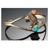 Vintage Navajo Sterling Silver Turquoise Coral Cuff Bracelet Native American