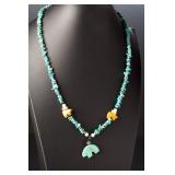 Native American Turquoise Chip & Carved Bear Fetish Necklace, 26in