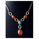 Monet Vintage Gold-Tone Turquoise Coral Cabochon Y-Drop Costume Necklace