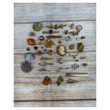 Vintage Costume Jewelry Lot: 40 Pins, Pendants, Brooches, Tie Clips - Diverse Collection