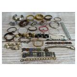 Costume Jewelry Bracelet Lot - 30 Mixed Styles, Bangles, Cuffs, Beaded