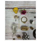 Vintage Assorted Costume Jewelry Lot: 30+ Pins, Pendants, Sterling Silver