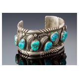Navajo R. Spencer Sterling Silver Turquoise Cuff Bracelet, Native American