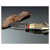 Dean Kell Custom Carved Bear Stag Handle Fixed Blade Hunting Knife w/ Sheath