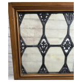 Antique Leaded Glass Panel w/ Cast Iron Grille in Wood Frame, 29.5x21in