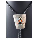 Vintage Zuni Multi Stone Inlay Kachina Dancer Native American Bolo Tie Sterling