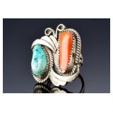Vintage Navajo Sterling Silver Turquoise Coral Ring Size 6, 12.04g