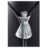 Vintage Native American Turquoise Coral Chip Inlay TeePee Bolo Tie