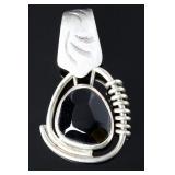 Bold Sterling Silver Modernist Abstract Pendant with Black Stone - Signed 925