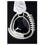 Bold Sterling Silver Modernist Abstract Pendant with Black Stone - Signed 925