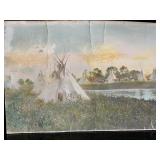 Antique Hand-Colored Photo: Elsa Edwards Crow Indian Camp, Little Bighorn River, 1915 Sunset