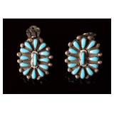 Vintage Zuni Petit Point Turquoise Cluster Clip-On Earrings Sterling Silver