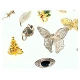 Lot of 15 Vintage Brooches: Sterling, Gold-Tone, Art Nouveau, Deco, Figural