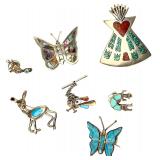 Vintage Southwest Sterling Mexico Brooches Pins Tie Tacks Lot of 7, 36.54g