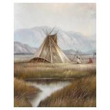 Hank Woodahl Original Oil Painting, Native American Teepees, Western Landscape