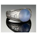 Art Deco Platinum Star Sapphire Ring w/ Baguette Diamonds, Engraved Shoulders