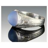Art Deco Platinum Star Sapphire Ring w/ Baguette Diamonds, Engraved Shoulders