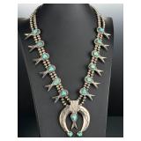 Early Sandcast Navajo Turquoise & Silver Squash Blossom Necklace, c. 1940s