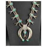 Early Sandcast Navajo Turquoise & Silver Squash Blossom Necklace, c. 1940s