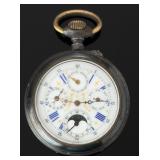 Antique Swiss Gunmetal Full Calendar Moonphase Pocket Watch Italian Dial c.1890