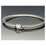 David Yurman Sterling Silver Diamond Pave Heart Cable Bracelet 6in 3mm