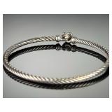 David Yurman Sterling Silver Diamond Pave Heart Cable Bracelet 6in 3mm
