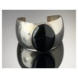 Sarah Cly Navajo Sterling Silver Large Jet Cabochon Cuff Bracelet Signed S. CLY