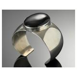 Sarah Cly Navajo Sterling Silver Large Jet Cabochon Cuff Bracelet Signed S. CLY