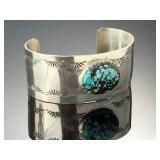 Navajo Sterling Silver Turquoise Cuff Bracelet Calvin Kee Begay CKB Hogan