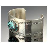 Navajo Sterling Silver Turquoise Cuff Bracelet Calvin Kee Begay CKB Hogan