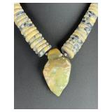 Native American Serpentine Disc Necklace Sterling Silver Carved Pendant